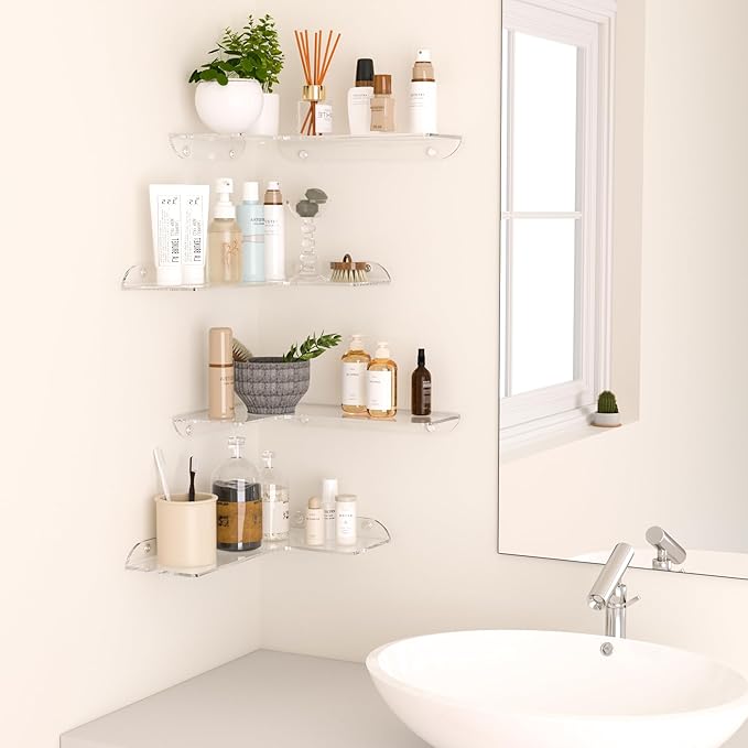 Sezanrpt 8x11.8 Inch Clear Corner Shelf Wall Mount Set of 4, Acrylic Corner Floating Shelves, Wall Organizer Shelf for Bathroom, Kitchen, Bedroom, Living Room, Dining Room, Office
