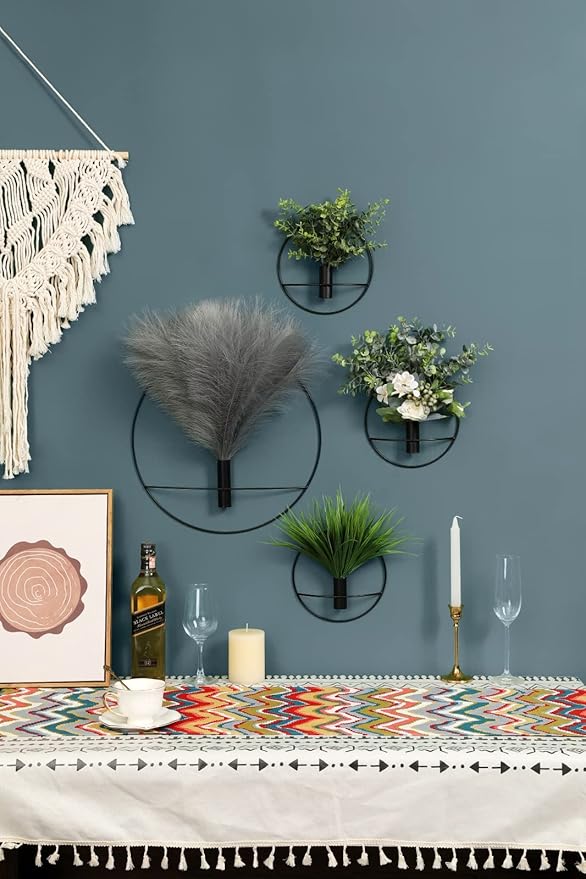Pretty Jolly Wall Decor Metal Vase Decoration Holder, Mounted Artificial Flowers, Black Fake Wheat 2 Pack, Art Greenery, Farmhouse, Boho