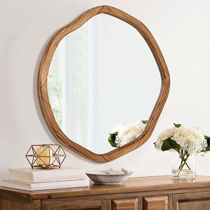 ULIKE Round Wood Mirror, 24 Inch Irregular Circle Vanity Wall Mirror with Wooden Frame, Rustic Decorative Wall Mount for Bathroom Bedroom Living Room Entryway, Rustic Brown