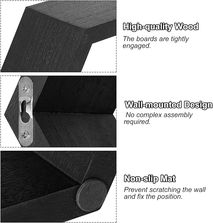 YBING Hexagon Floating Shelves Black Hexagon Shelves for Wall Wood Farmhouse Storage Honeycomb Shelves Set of 6 Hexagon Wall Mounted Home Decor Storage Shelves for Living Room Bedroom Office