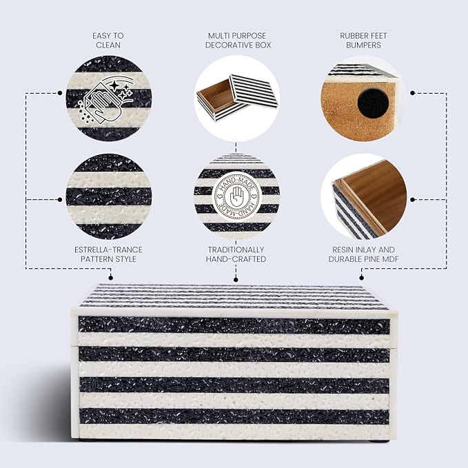 Handicrafts Home Large Decorative Storage Box with Lid– 10x8x4” Coffee Table Organizer, Keepsake- Decorative Boxes for Home Decor, Stylish Decorative Box for Office Decor- Monochrom Strip- Black White