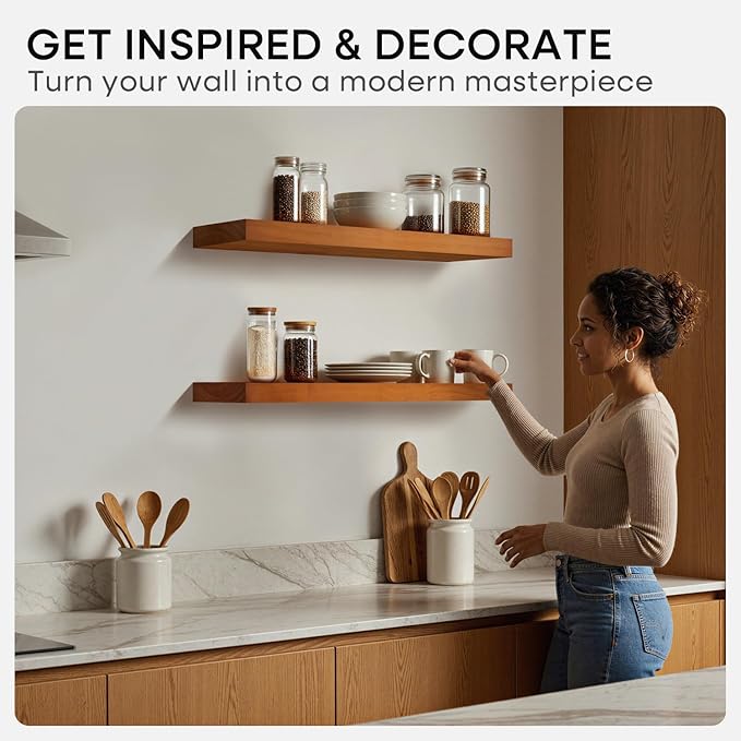 Homeforia Oak Floating Shelves 36 inches Long, High End Solid Real Wood 36 inch Floating Shelf for Room Wall, Honey Oak Wooden 36inch Kitchen Shelves, Heavy Duty Bracket, 36 X 6.5 X 1.75 in, Set of 4