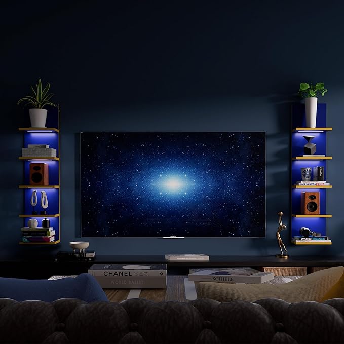 5 Tier Wall Shelves with LED Light, Vertical Column Shelf Floating Storage Home Decor Organizer Tall Tower Design Utility Shelf (Navy Blue)