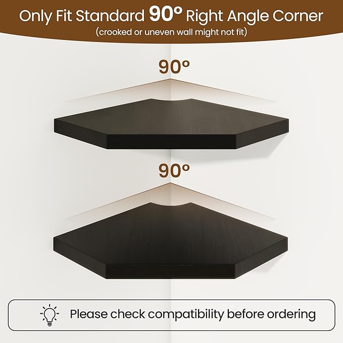 Fun Memories Corner Shelf Wall Mount, Solid Oak Wood Floating Corner Shelves with Cable Hole, 7in Rustic Design for Bedroom, Bathroom, Kitchen, Living Room (Black, 1 Pack)