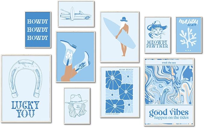 Uniro Coastal Cowgirl Room Decor, Coastal Granddaughter Room Decor, Light Blue Beachy Wall Decor Aesthetic Poster Pictures, Trendy Beach Wall Art Prints Preppy Surf Posters for Teen Girls, Dorm Bedroom Apartment decor- UNFRAMED