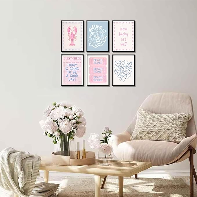 Zuowclli 6Pcs Coastal Granddaughter Wall Art Prints Pink Blue Beach Beach Preppy Wall Decor Pictures Summer Beachy Aesthetic Posters for Girly Bedroom Dorm Apartment Home Decoration Unframed 8x10in