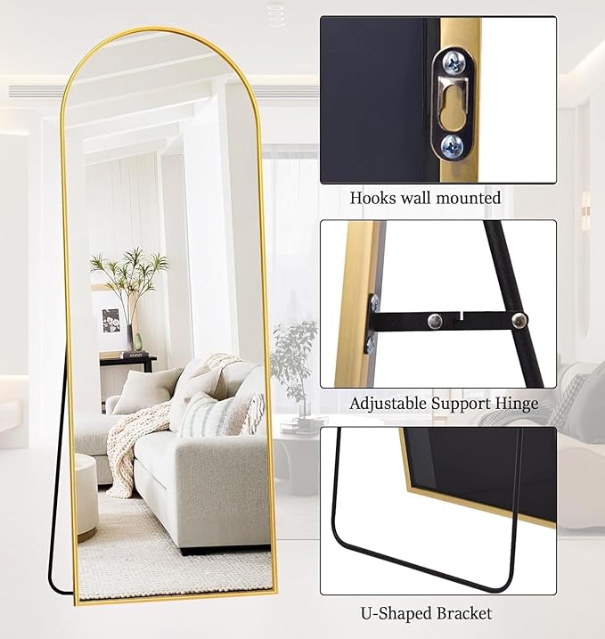 Rowjut 64"x21"Floor Mirror Arched Full Length Mirros, Mirror Floor Length Standing Hanging or Leaning/Large Full Body/Wall Mirror for Bedroom, Living Room, Aluminum Frame, Black
