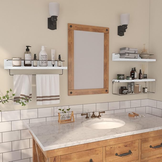 PopiShelves 22.5 inches Bathroom Shelves Over Toilet for Wall, Floating Shelves with Storage Basket Paper Holer for Kitchen Living Room, Bedroom & Classroom, Set of 3 (White and Grey)