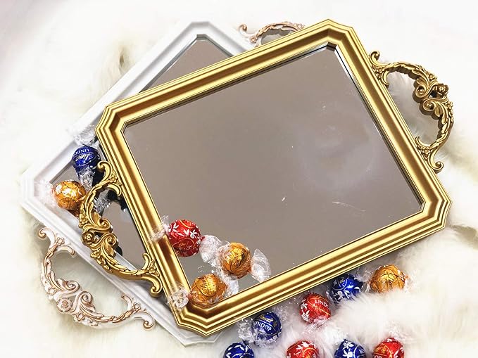 Rectangle Vintage Mirror Tray, Decorative Dresser Organizer for Perfume Makeup and Jewelry, Vanity Serving Tray for Party Gathering, 15.4 inch x 9.8 inch (Golden)