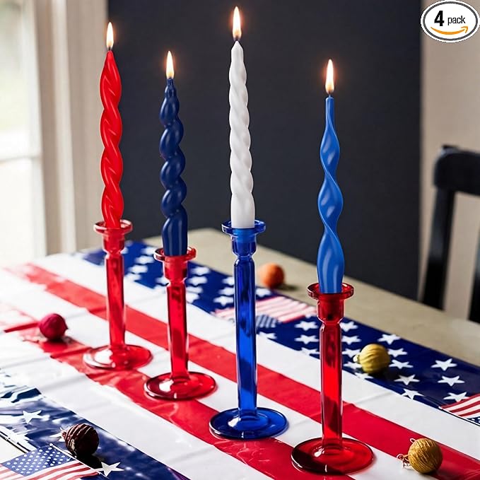 Nuanchu 4 Pcs Twisted Taper Candles Wax Unscented Smokeless Spiral Swirl Candlesticks for Wedding Holiday Dinner Party Home Decorations(7.87 Inch,Pure,Red White Blue)