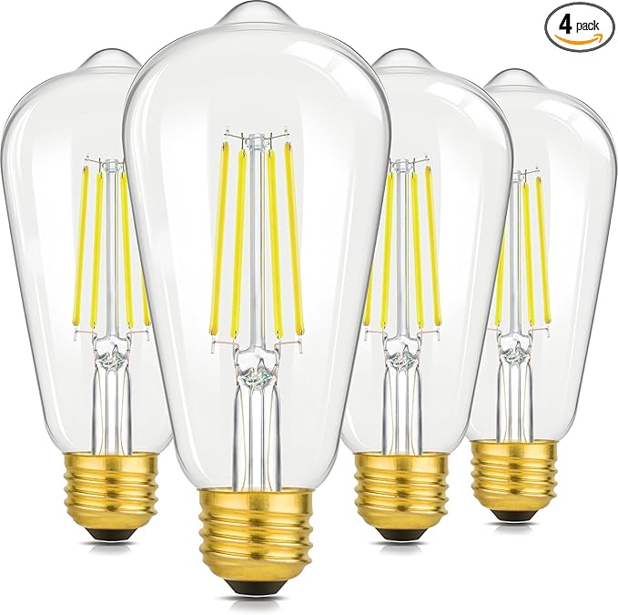 4-Pack Vintage 8W ST64 LED Edison Light Bulbs 100W Equivalent, 1400LM 5000K Daylight White, E26 Base Filament Light Bulbs, CRI 90+, Antique Glass Style, Great for Bathroom Office, Non-Dimmable