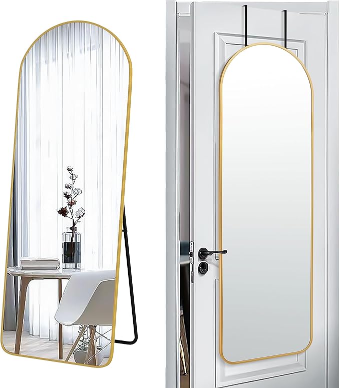 SCWF-GZ 57x20 Door Hanging Full Length Mirror, Floor (Height 5.7ft just Body in1.3ft) Wall Mounted Metal Frame Arch Dressing Mirrors for Bedroom Bathroom Living Room 57 inch Gold