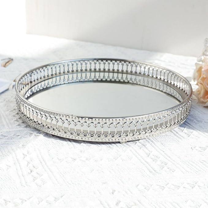 Mirror Tray, Makeup Decorative Storage Mirror Tray, Gold Or Silver Glass Mirror Crystal Vanity Tray, Antique Mirror Serving Tray Round Ornate Jewelry Trinket Organizer Tray for Home Decor(#7)