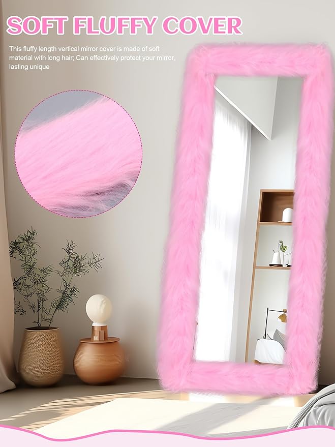 Geelin Full Length Mirror Cover 59 x 16 Inch Universal Ultra Soft Non Slip Design Fluffy Length Standing Mirrors Cover Decoration for Bedroom Cloakroom Women Gifts(Pink)