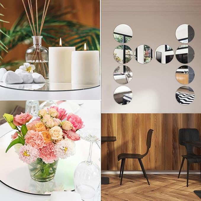 12PCS Small Round Mirrors, 6" Circle Mirror Centerpieces, Acrylic Wall Mount Mirrors, Wedding & Christmas Decorations