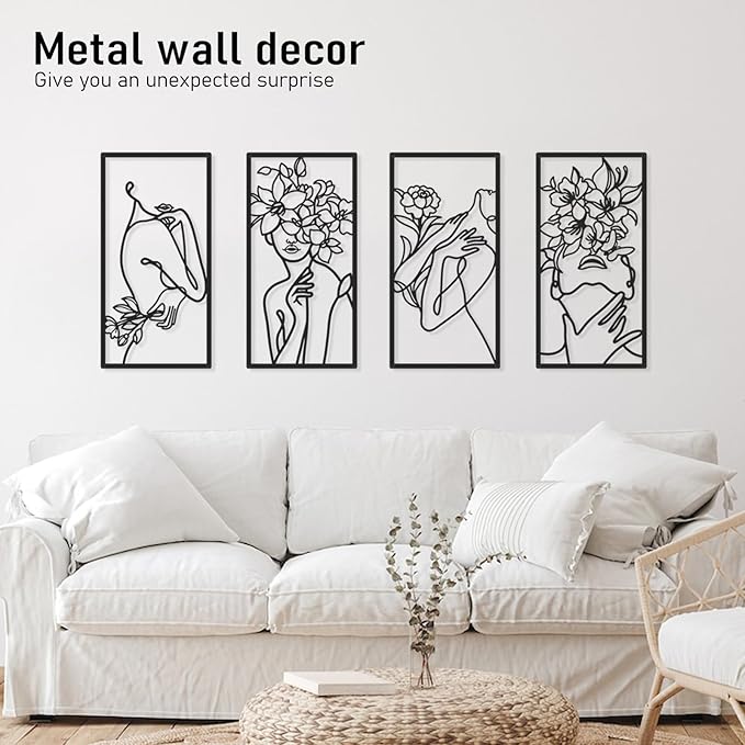 Bakovity Black Metal Wall Decor, Abstract Woman Wall Art, Minimalist Line Decor, Modern Aesthetic Metal Wall Art for Bedroom Bathroom Living Room (4 Pcs, 17 x 9 in)