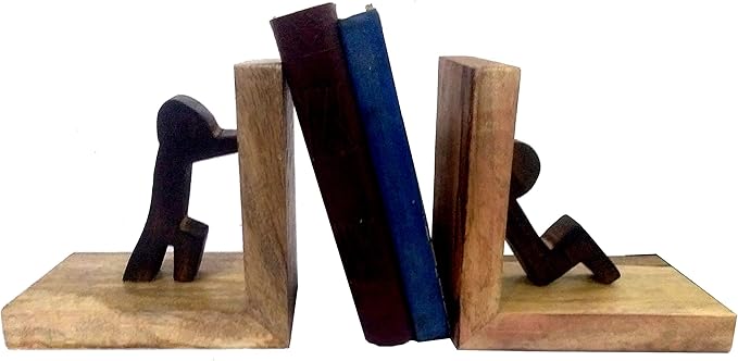 Purpledip Wooden Bookends Stand Holder Bookshelf Organizer 'Teamwork': Unique Decor Gift for Book Lovers (11963)