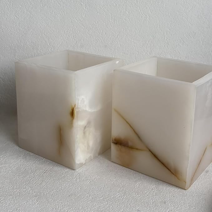 Natural Marble Stone Square Storage Container Empty Vessel Holder Cup for Candle/Pens/Sundries items (White Onyx)