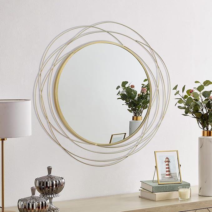 HQiJun Round Wall Mirror - 26.8" Large Gold Circle Mirror for Wall with Art Decorative Durable Metal Frame, Modern Hanging Mirror for Bathroom Over Sink, Bedroom, Entryway, Vanity or Living Room