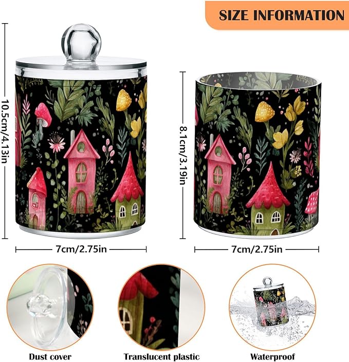 2 Pack Apothecary Jars Watercolor Red House Dark Bathroom Vanity Storage Organizer Set,Small Clear Plastic Storage Jars Bathroom Canister for Cotton Swabs, Rounds, Balls, Qtips,Makeup Sponges,