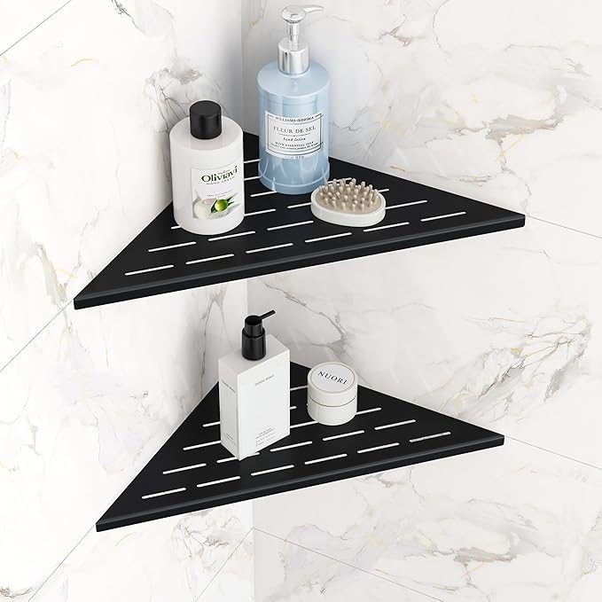 Qeke Corner Shower Shelves, 12” Recessed Tile Shower Shelf, 304 Stainless Steel Grout in Corner Tile Shower Shelves, No Drilling, Matte Black, 2 Pack
