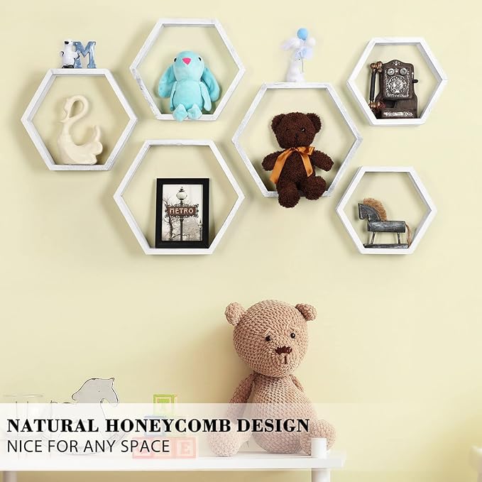 NORCEESAN Hexagon Floating Shelves Set of 6 Honeycomb Shelves Wooden Farmhouse Hexagonal Shelf for Wall Decor Hanging Shelves Honeycomb Storage Shelf for Bedroom Living Room Nursery, Grey-White
