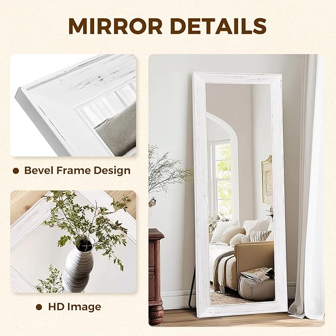 Full Length Mirror 65"x24" - Beveled Edge Rustic White Dressing Mirror, Solid Wood Frame, Wall Mounted or Standing for Bedroom, Entryway, Living Room