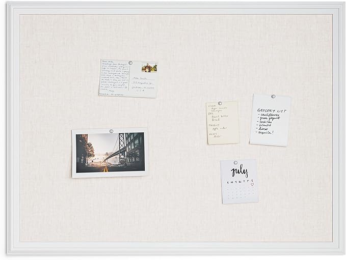 U Brands Farmhouse Linen Bulletin Board, 40" x 30", White Wood Style Frame, Industrial Grade Pinning Surface