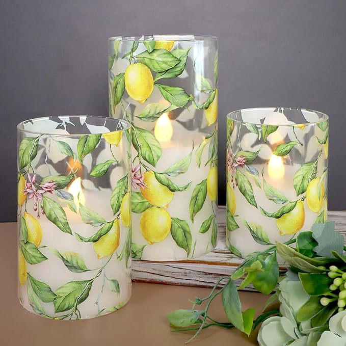 Lemon Glass Flameless Candles with Remote Timer Battery Operated LED Flicker Real Wax Pillar Candles Spring Summer Lemonade Party Kitchen Table Dinner Christmas Holiday Decor D3 x H4, 5", 6"