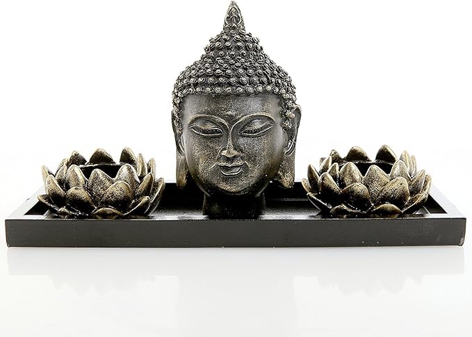 MyGift Black Buddha Head Sculpture Zen Garden Set with Lotus Tealight Candle Holders and Wooden Display Tray, Decorative Tabletop Home Accent