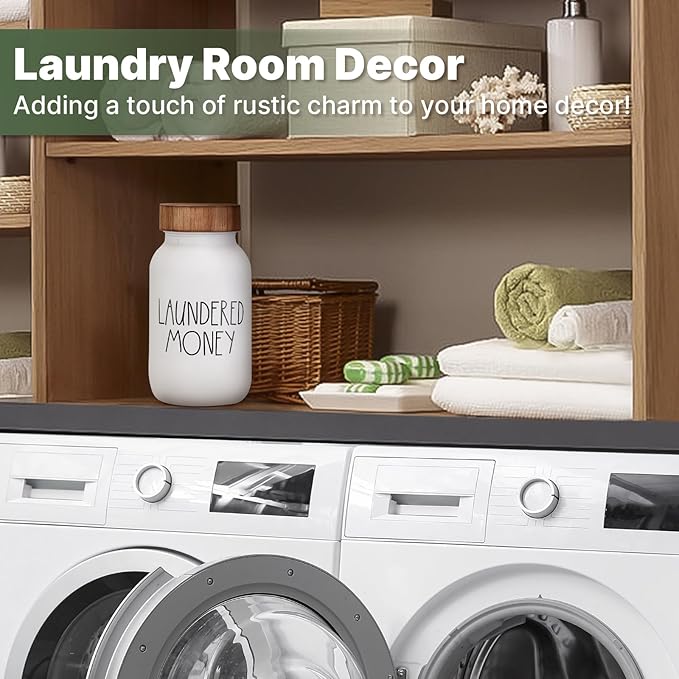 Laundry Room Decor & Organization - Premium Matte White Glass Coin Bank with Wood Lid - Rustic Farmhouse Money Jar for Loose Change - Funny Laundered Money Tip Jar & Shelf Accessories