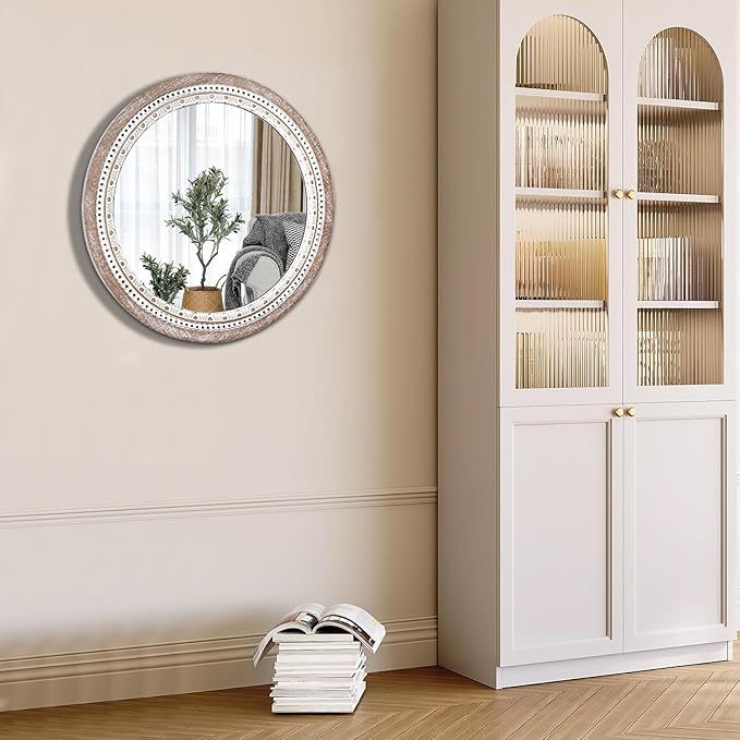 Reflinto 30 Inch Rustic Farmhouse Round Wood Mirror Wall Decor, Boho Circle Decorative Mirrors for Bathroom Over Sink, Bedroom, Living Room, Entryway, Foyer
