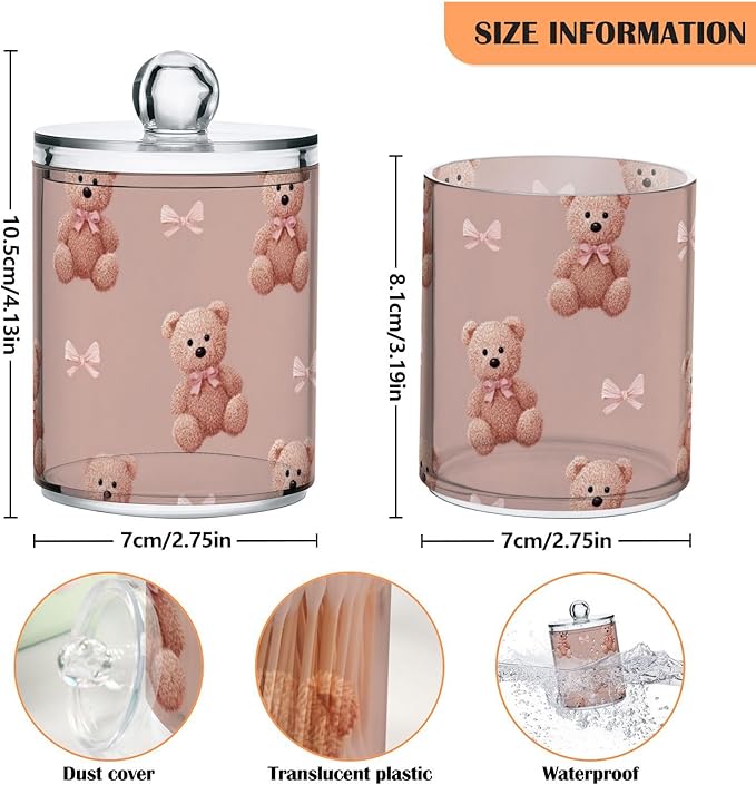 2 Pack Apothecary Jars Artistic Teddy Bear Bow Pattern Bathroom Vanity Storage Organizer Set,Small Clear Plastic Storage Jars Bathroom Canister for Cotton Swabs, Rounds, Balls, Qtips,Makeup Spo