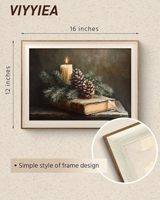 VIYYIEA Winter Framed Wall Art for Living Room, Books and Pinecones Canvas Prints, Oil Painting Home Decor, Christmas Picture, Bathroom Wall Decor Gifts for Friends or Family - 16L x 12W