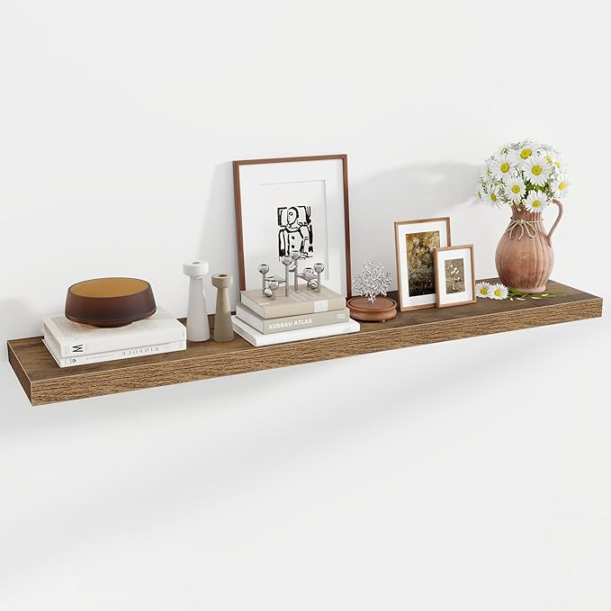 Acovy 55 Inch Floating Shelves, 12 Inch Deep Floating Shelves for Wall, Floating Shelf with Invisible Brackets, Deep Shelves for Bathroom, Bedroom, Living Room, 1 Pack, Brown