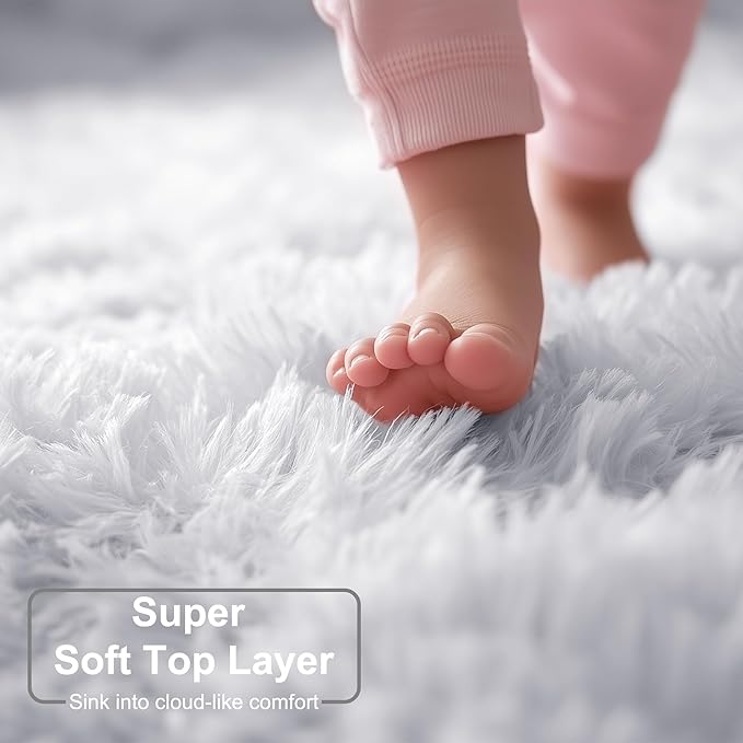 White Area Rugs for Bedroom Living Room, Fluffy Shag Rug 5x7 for Kids Room Decor, Modern Furry Plush Rugs for Baby Nursery, Teen Girls Boys, Cute Fuzzy White Fur Carpet for Dorm, Home Office, Playroom