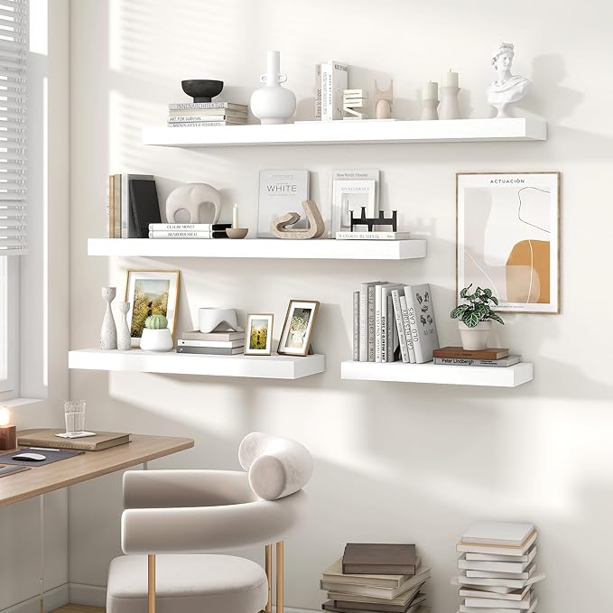 Heimlove Floating Shelves for Wall 48 Inch Long,Extra Large and Thick Wood Shelves Mounted Storage Hanging Shelf Invisible Bracket for Bedroom,Living Room,Kitchen,Office,White