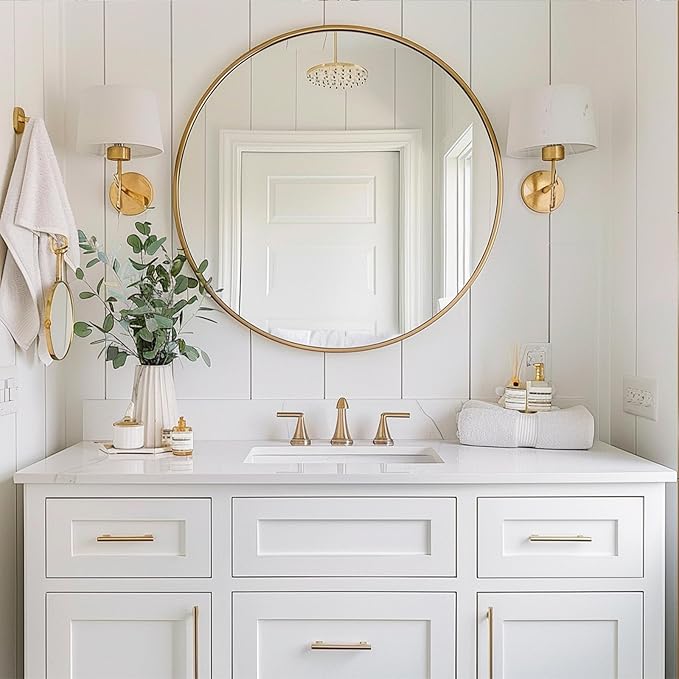 Sunniry Gold Circle Mirror, Round Mirror 22 inch, Gold Wall Mirrors Metal Frame, Circle Mirrors for Bathroom, Bedroom, Living Room, Entryway.
