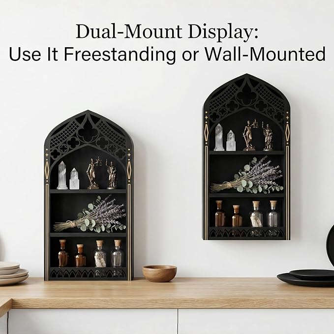 Gothic Window Crystal Display Shelf, 1.96" Deep Wooden Wall Mounted Gemstone Crystal Holder, Witchy Decor Trinket Organizer for Healing Stones -2026 Upgraded (Window-7.9" W x 15.7" H)