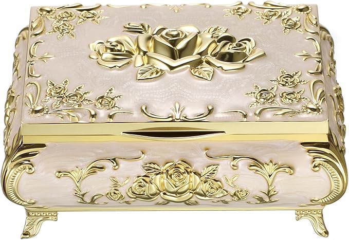 Hipiwe Metal Jewelry Organizer Box Antique Decorative Treasure Chest Keepsake Storage Case for Rings Earrings Holder Gift for Women, Medium
