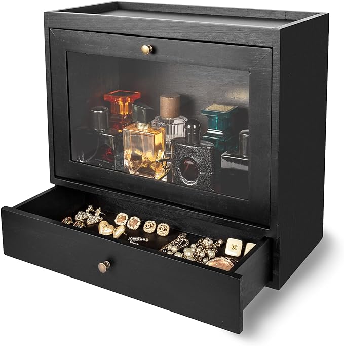 Wooden Cologne Organiser with Acrylic Display & Drawer,Vanity Storage Rack for Perfumes,Jewellery & Cosmetics,Cologne Display Stand for Men & Women,Bedroom and Bathroom Vanity Storage Black