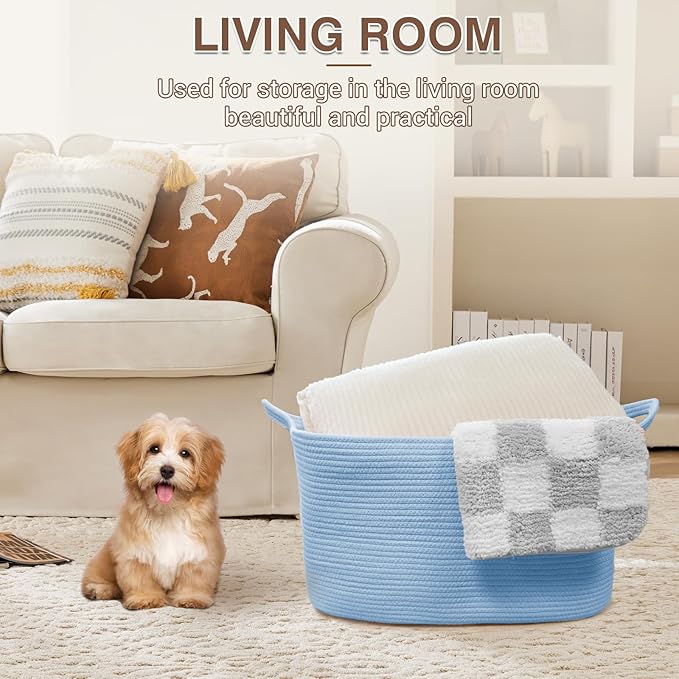 YOUDENOVA Nursery Storage Basket，21.6''×14.9''×11.8'' Rectangle Cotton Rope Blanket Basket, Nursery Laundry Hamper for Organizing，Toy Basket for Living Room, Bedroom
