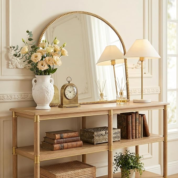 Arched Gold Decorative Wall Mirror 28"x35" Vintage Beaded Frame for Bathroom, Bedroom & Living Room