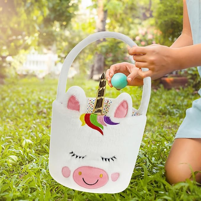 DearSun Set of 2pcs, Easter Basket Adorable Unicorn & Dinosaur Plush Baskets, Easter Egg Hunting Basket for Kids Gifts Party Decoration Supplies, Dia 8" * H 15.7"