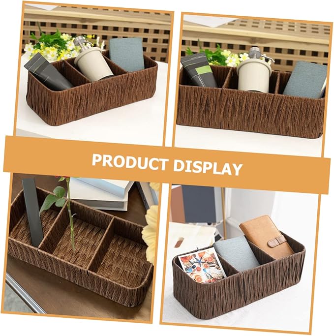 Vintage Woven Storage Box Organizer 3 Compartments Imitated Rattan Design Decorative Tabletop Sundries Basket for Home Office and Craft Supplies