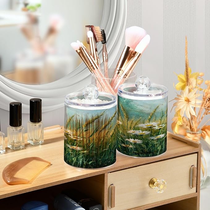 Wheat Flowers Field Pattern Bathroom Containers Holder with Lids Set Clear Jars 2 Pack Plastic Makeup Storage Organizer 4.13 x 2.75In for Balls Floss Picks Vanity