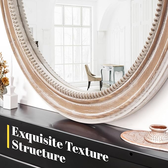 sawsile Round Wood Mirror,24 inch Circle Rustic Farmhouse Natural Wooden Frame Boho Beads Wall Mirror for Bathroom,Living Room,Bedroom or Entryway