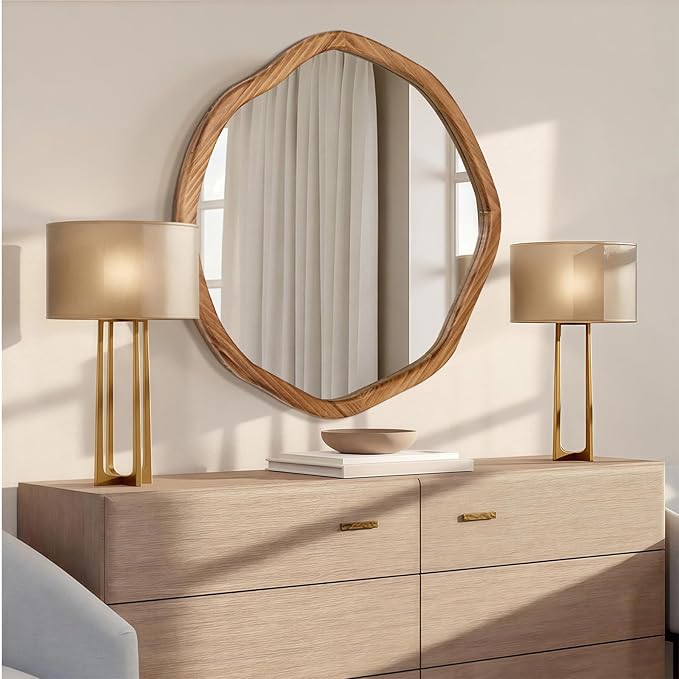 ULIKE Round Wood Mirror, 24 Inch Irregular Circle Vanity Wall Mirror with Wooden Frame, Rustic Decorative Wall Mount for Bathroom Bedroom Living Room Entryway, Rustic Brown