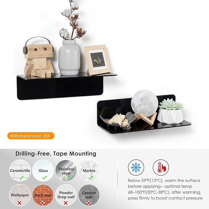 OAPRIRE Acrylic Floating Wall Shelves Set of 2, Damage-Free Expand Wall Space, Small Display Shelf for Smart Speaker/Action Figures with Cable Clips