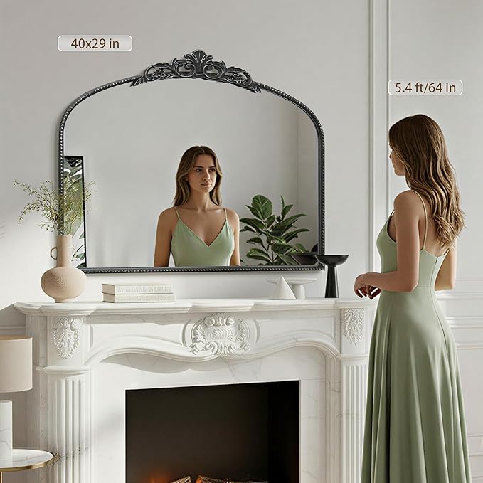 Micasso Large Vintage Black Mirror: 40" x 29" French Baroque Antique Mirror - Traditional Ornate Decorative Arched Mirrors for Wall/Bathroom/Entryway/Fireplace/Hallway - Home Decor for Living Room